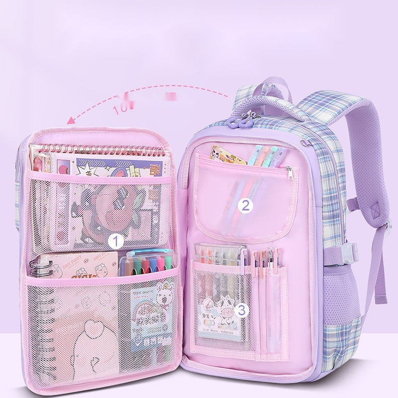 Cute Pastel Plaid Backpack with Plush Bunny Charm