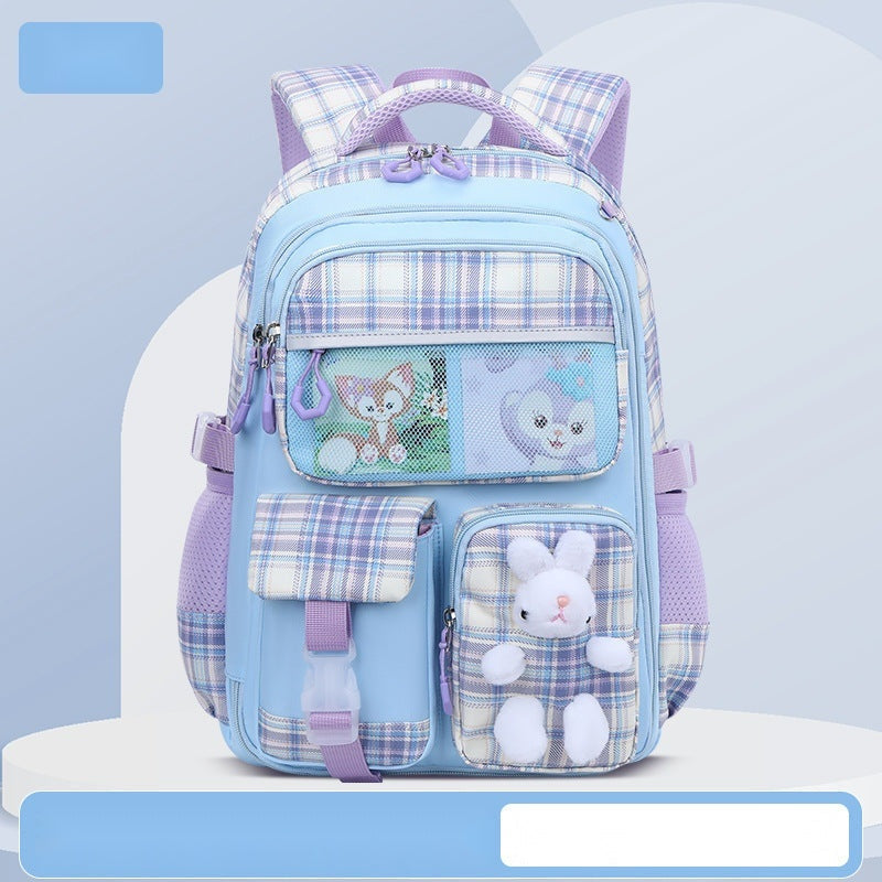 Cute Pastel Plaid Backpack with Plush Bunny Charm