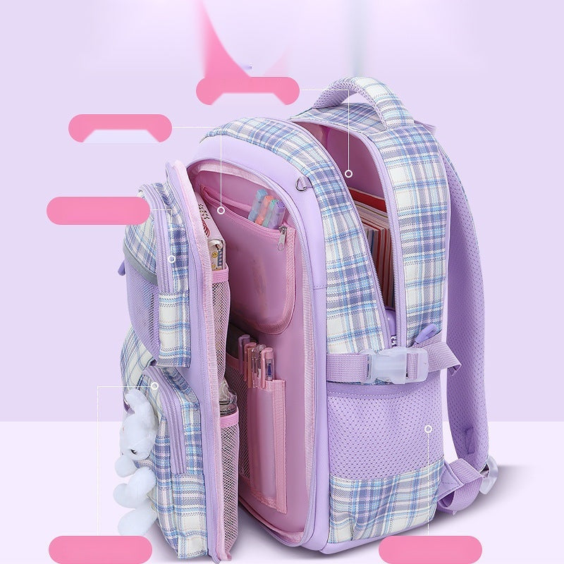Cute Pastel Plaid Backpack with Plush Bunny Charm